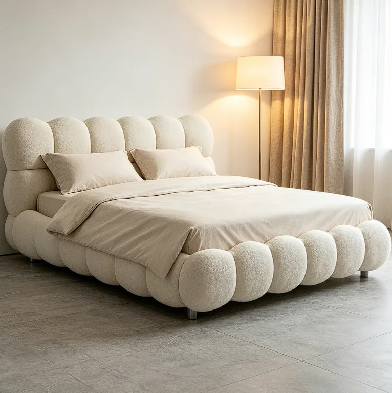 xx-Modern Home Furniture Metal Feet Cream White Cloud Bubble Shape Fabric Upholstered Bed for Bedroom Interior Apartment Villia&