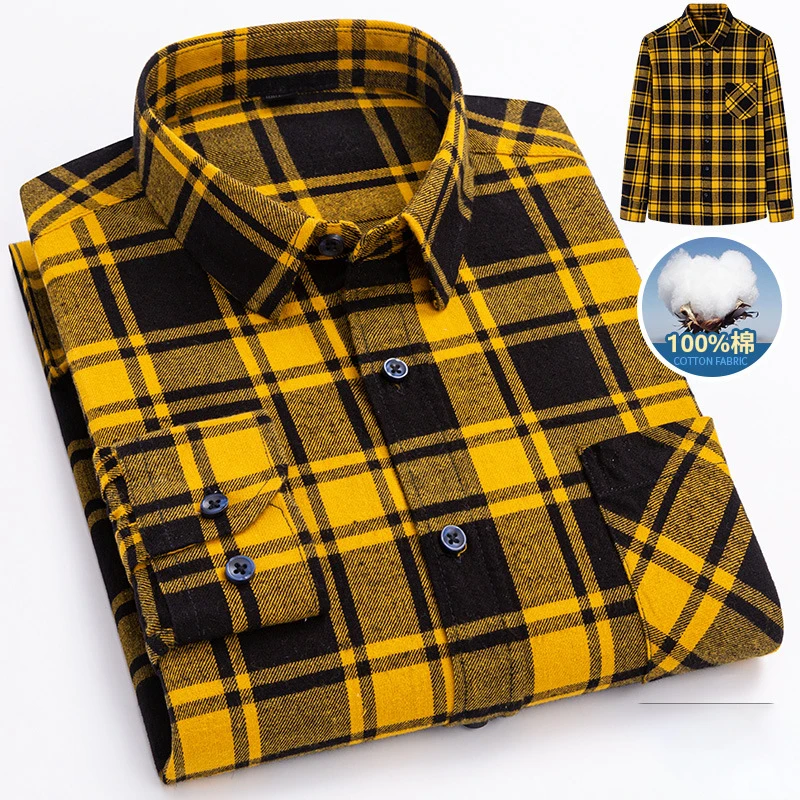 

Large 6XL Men's 100% Cotton Flannel Brushed Plaid Shirt Non-iron Wrinkle Resistant Long Sleeve Fashion Slim Fit Business Casual