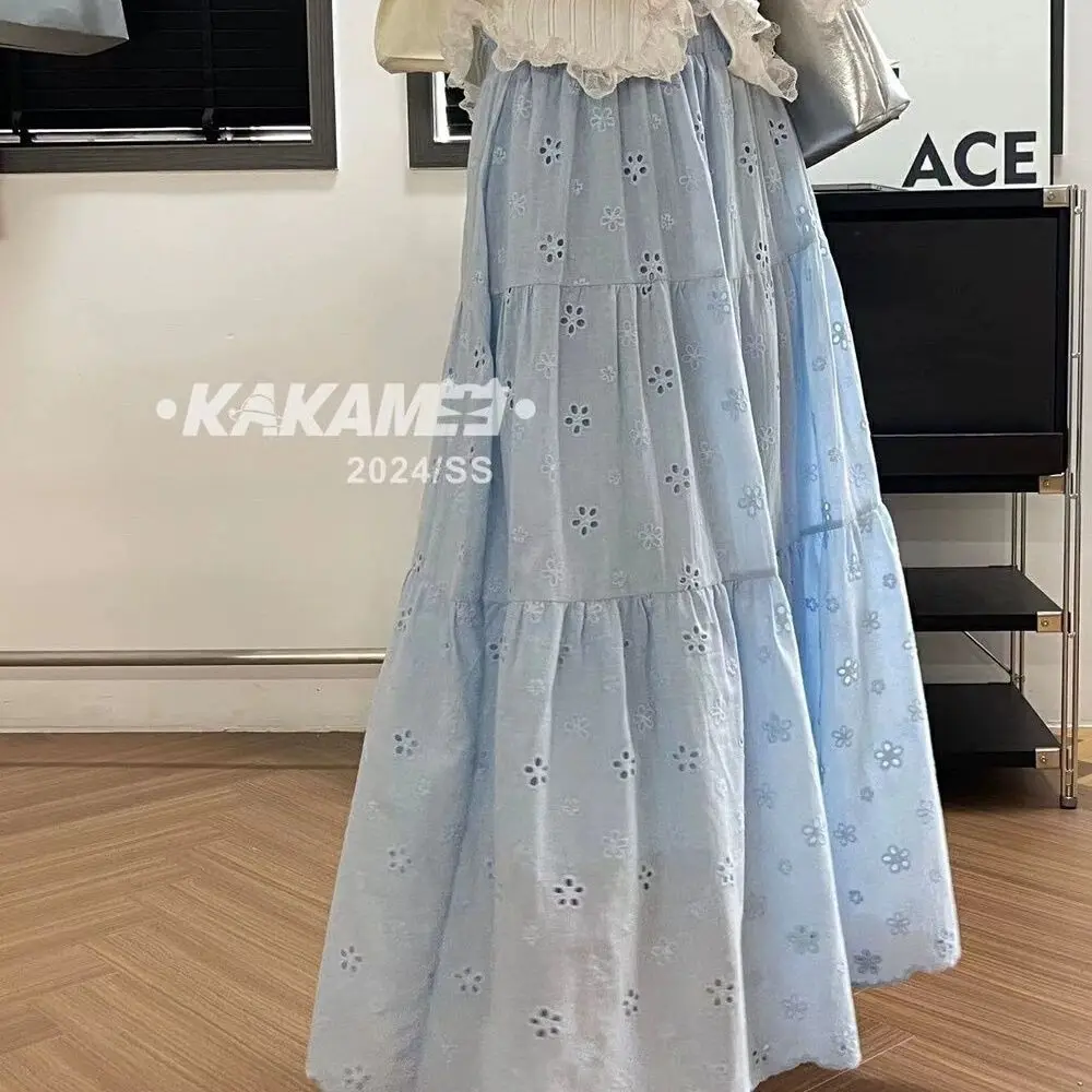 

Summer New Korean Style Embroidery Hollow Hook Flower Lace White Skirt High Waist A-line Super Fairy Blue Long Skirts for Women