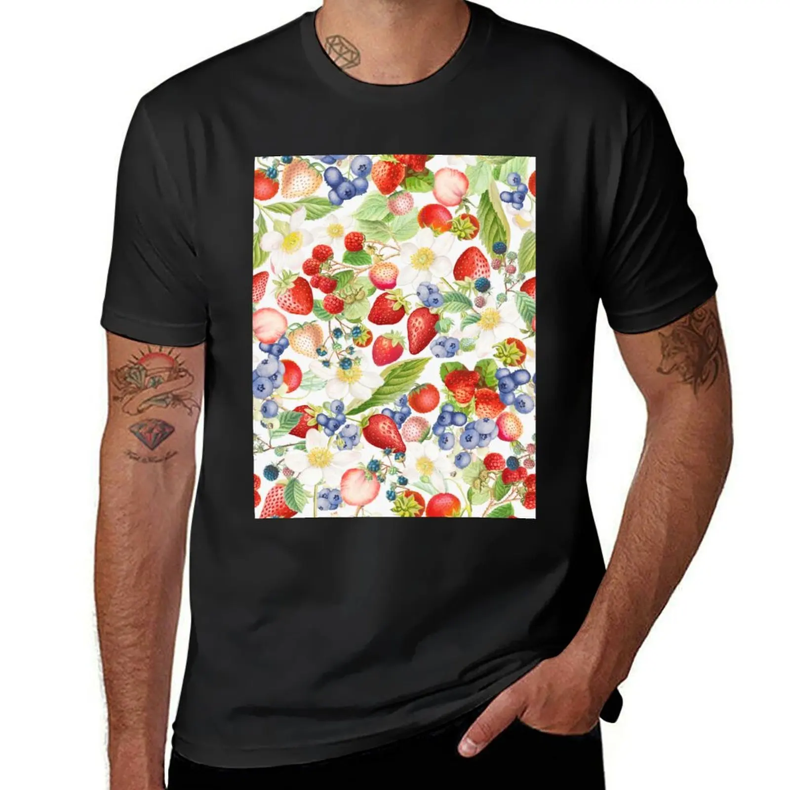 Strawberries And Blueberries Dance - Summer Pattern white T-Shirt shirts graphic tees heavyweights Men's clothing