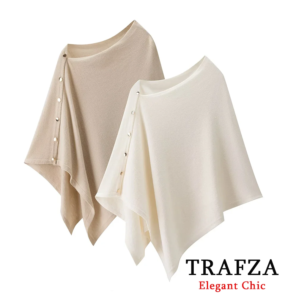 

TRAFZA Women Vintage Loose Cape Tops Buttons Edge Asymmetric Cape Tops 2025 Fashion Spring Fall Holiday Party Beach Mujer Cloak