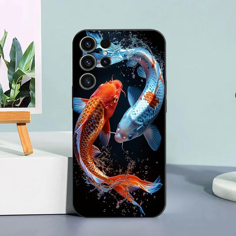 For Samsung  A 71 31 21 51 M 40 30 S Meeting Koi Fish in Water 50 70 11 4 5 G Note 20 Ultra 10 PRO 9 8 TPU Black Phone Thin Case