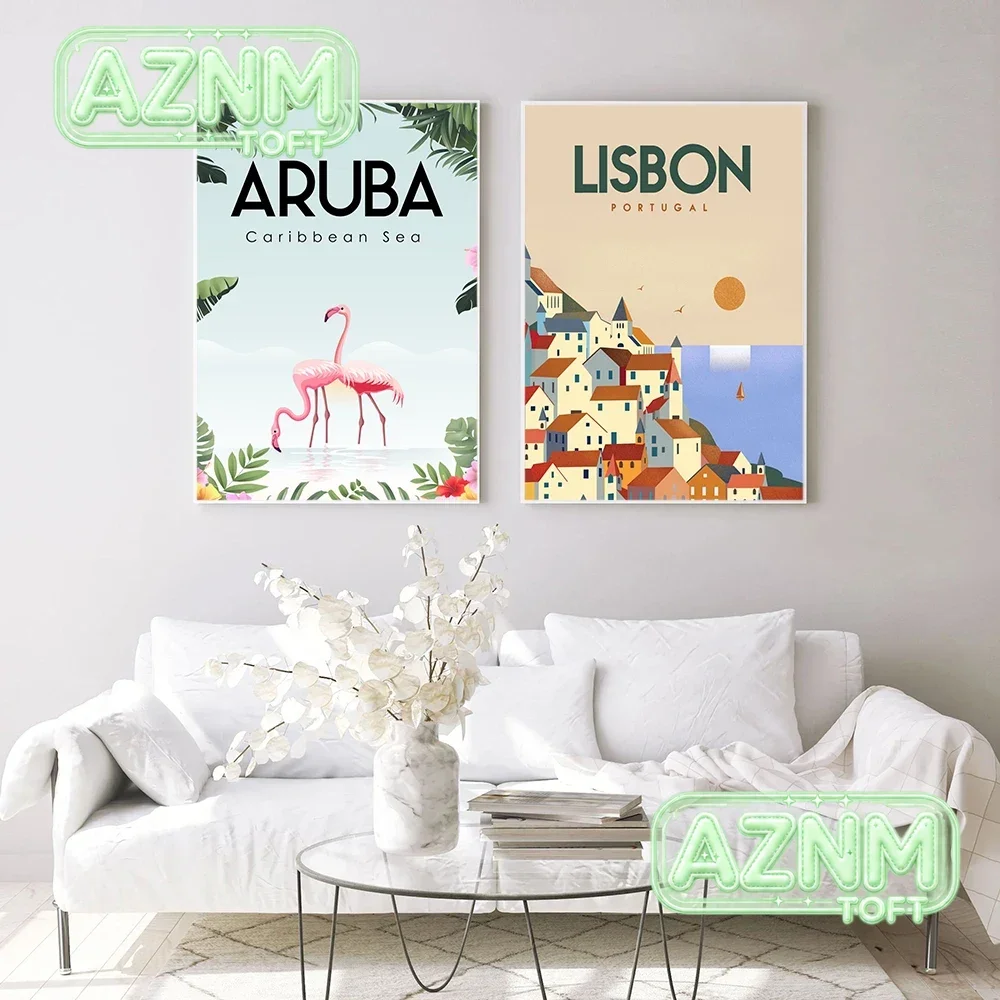 Famous City Travel Poster Cartoon New York Paris Chile Aruba Landscape Canvas Painting Wall Art Picture Living Room Decoratio