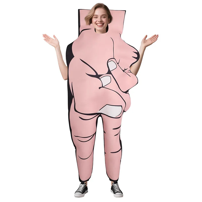 

Забавный комбинезон для взрослых с V-образным вывеском и жестом рук на Хэллоуин, необычный нарядный комбинезон розового цвета с двумя пальцами вверх, ручной костюм победы для женщин и мужчин
