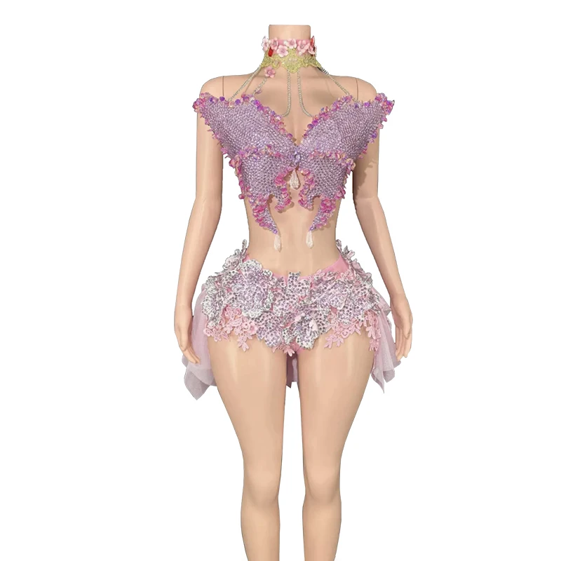 Sparkling rhinestone 3D butterfly pattern halter neck backless bra mini mesh skirt combination sexy woman red carpet party