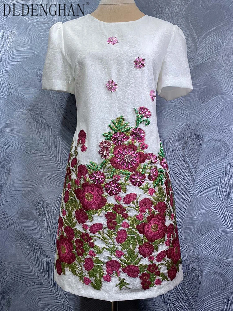 

DLDENGHAN Beading Diamonds Mini Dress For Women O-Neck Short Sleeve Vintage Jacquard Dresses Summer Fashion Female