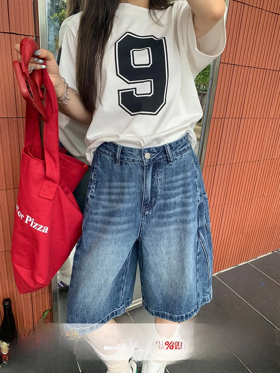 

Синие джинсовые брюки-кюлоты с широкими штанинами, женские летние повседневные брюки свободного кроя с пуговицами на талии, из стираной ткани