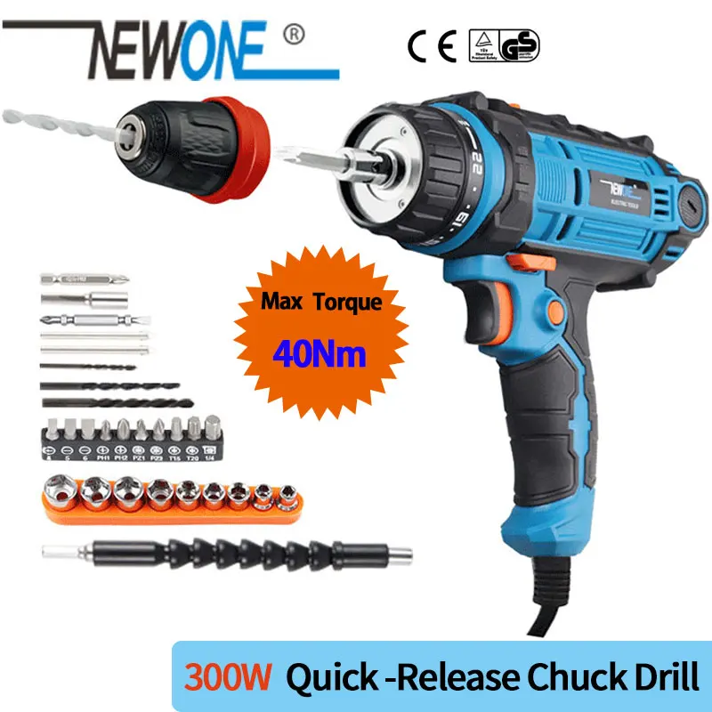 300W Max Torque 40Nm Power Tool Corded Impact Drill Electric Power Drill/Screwdriver Energy Drill with 10mm Quick-Release Chuck