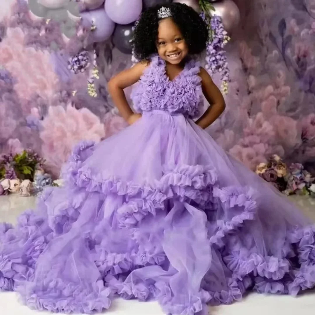 Vestido de niña de flores morado personalizado para boda, tul con volantes hinchados, sin mangas, vestido de fiesta para desfile de niña, vestido de primera comunión