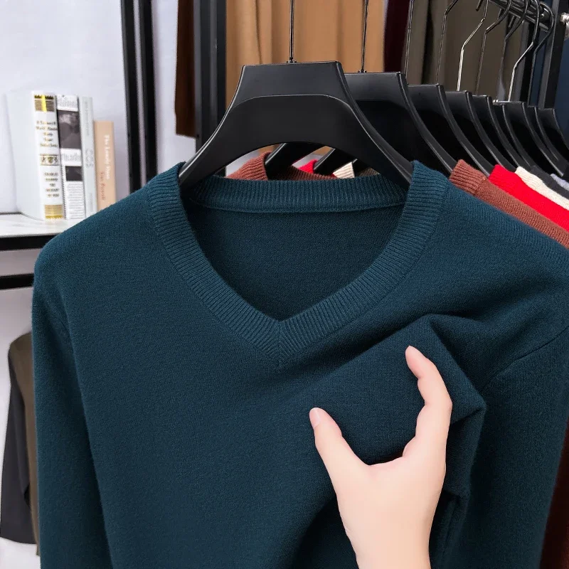 Autumn Mens V Neck Knit Jumper Simple Plain Style Long Sleeve Rib Trim Elastic Knit Fabric Casual Outer Top