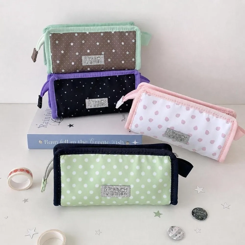 Cute Large Capacity Pen Bag Transparent Window Polka Dot Stationery Bag Multi-Layer Star Print Pencil Pouch Students
