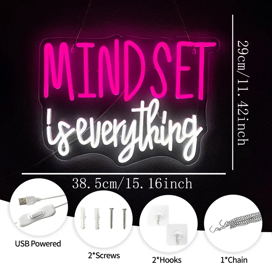 Mindset is Everything Neon Sign for Wall decor,USB-Powered Teen Room Gifts for Birthday Kids Boys Room Decor