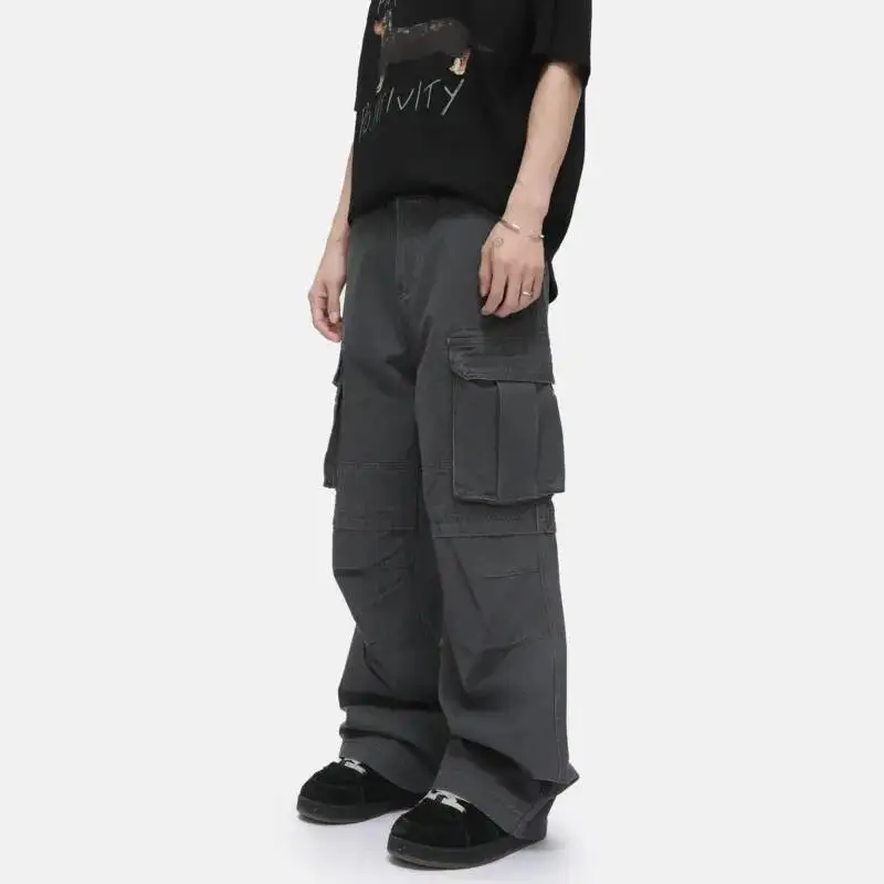 

American Style Cotton Cargo Pants Pocket Decoration 2025 Autumn Men Clothing Pleated Male Overalls New Straight Jeans