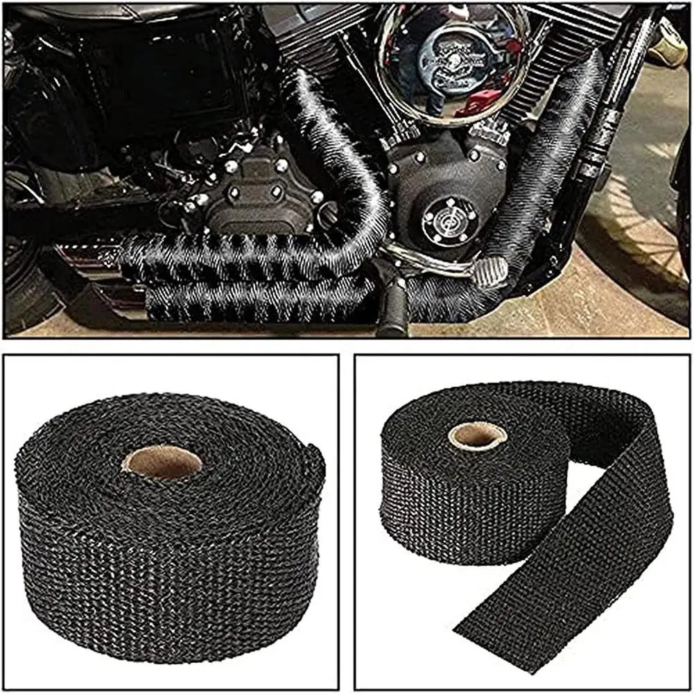 Schwarze Auspuff-Hitzeschutzbandrolle für Motorräder, Glasfaser-Hitzeschutzband mit Edelstahlbändern, 5M Motorrad-Schalldämpfer Thermoband