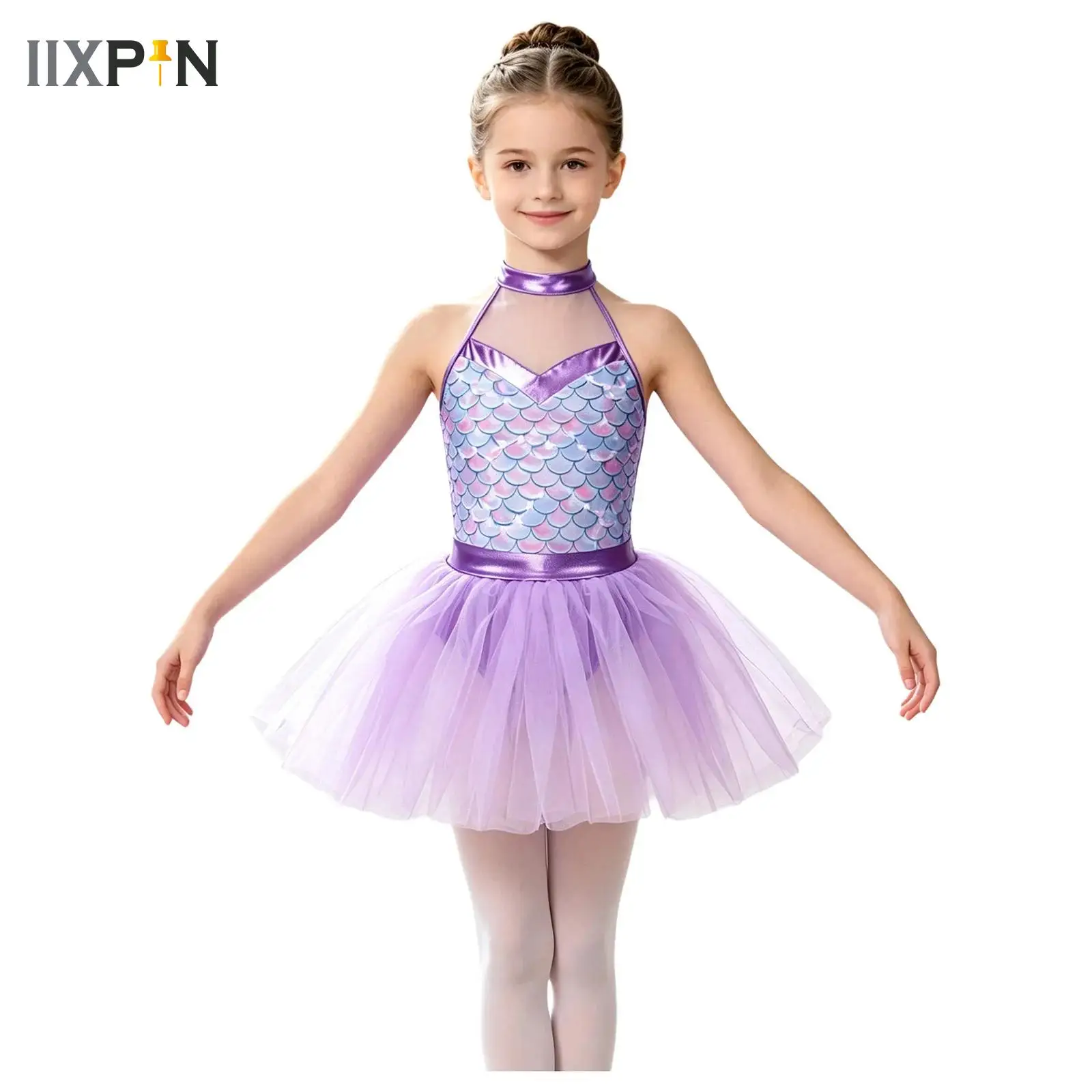 Kids Girls Ballet Dance Leotard Tutu Dress Cute Mermaid Halter Princess Mesh Tutu Costume Skating Stage Performance Dancewear
