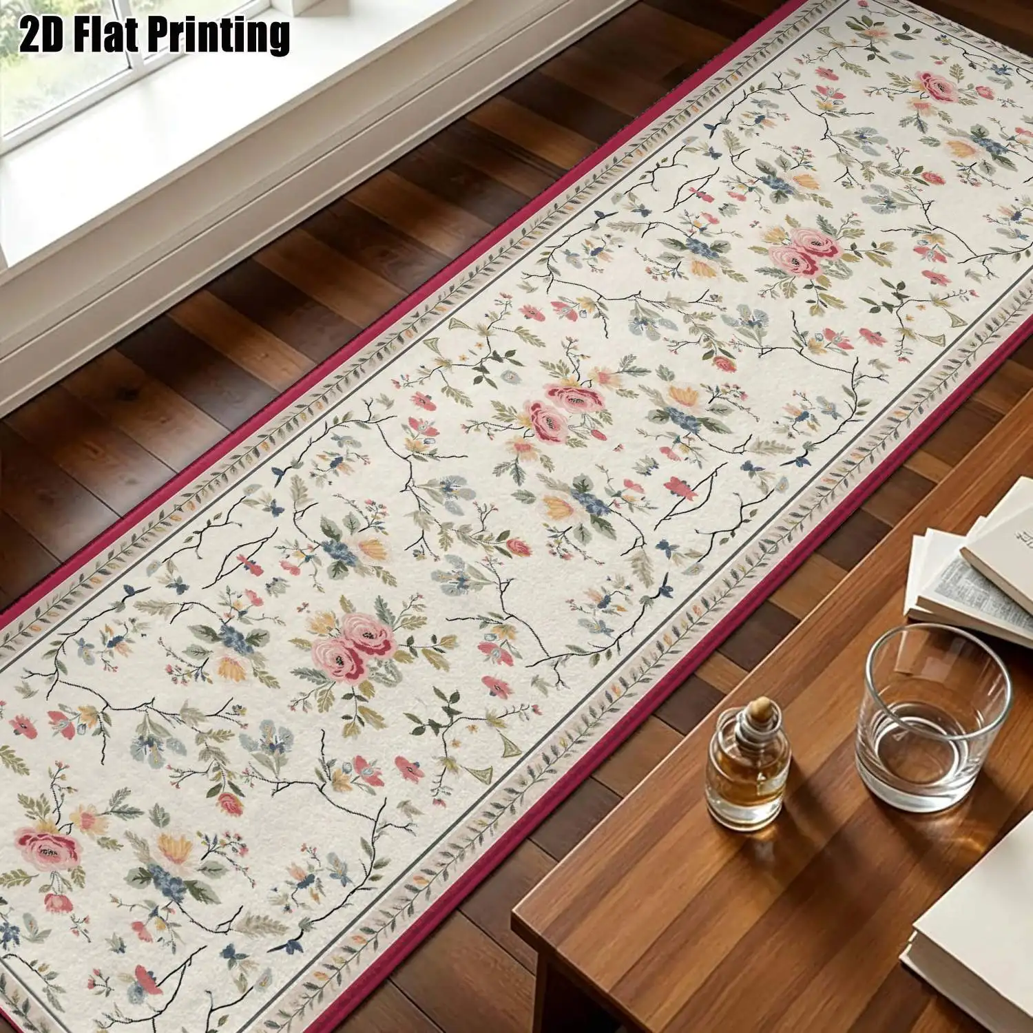 1Pc 2D Printed Long Strip Rug with Beige & Pink Floral Pattern European, Retro, Bohemian, Modern Minimalist Styles, Ideal for Home Decor, Multiple Sizes, Machine Washable, Perfect for Entryway, Hallway, Living Room, Bedroom.