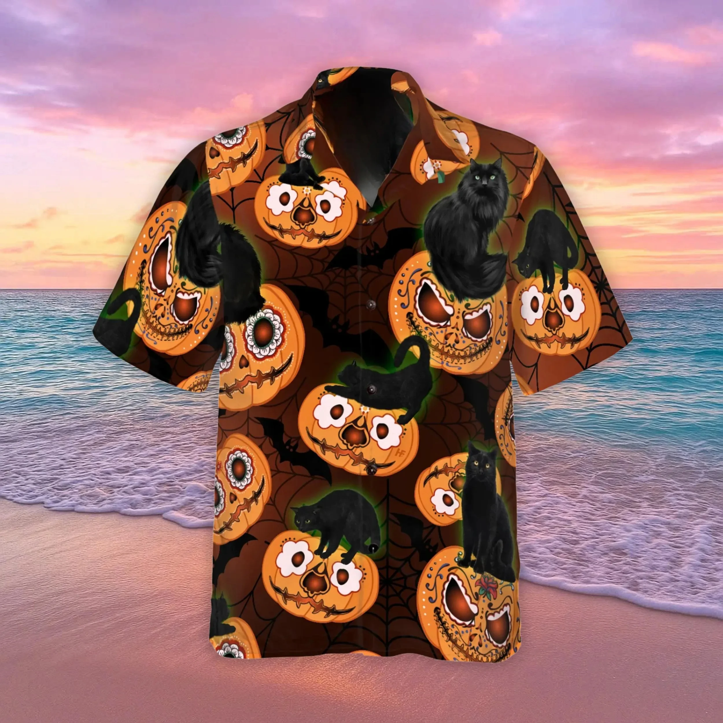 هالوين القط الأسود قميص هاواي صيفي للرجال ليلة القطط عاشق الهدايا رجالي قمصان هاواي ثلاثية الأبعاد طباعة قصيرة الأكمام زر أسفل قميص