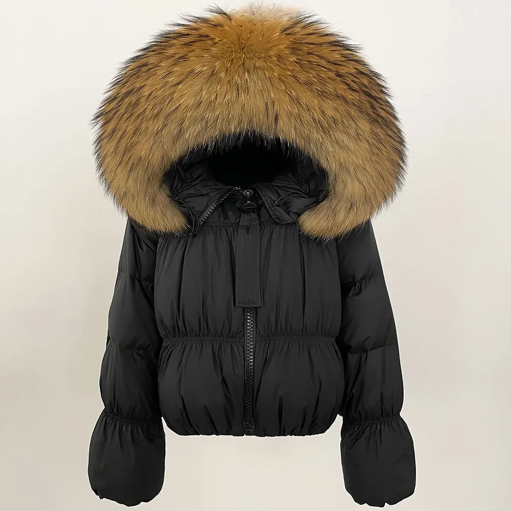 Real Fur Coat Hooded 2024 New Winter Puffer Jacket Women Real Raccoon Fur Collar White Duck Down Thickened Warm Belted