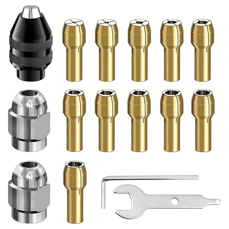 16Pcs Drill Chuck Collet Set, 1/32 To 1/8Inch Drill Chuck Collet Set With 11Pcs Brass Collet, 3Pcs Chuck, 2Pcs Wrench