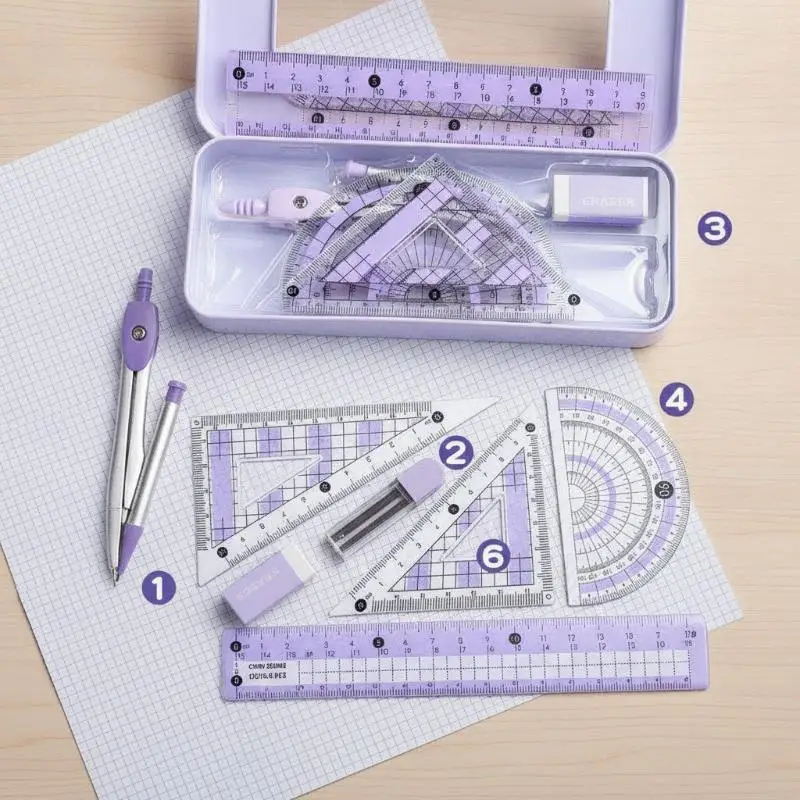 Geometry Drafting Ruler 8 Piece Set Compass Angle Ruler Triangle Clear Scale for High School Students Exam Use