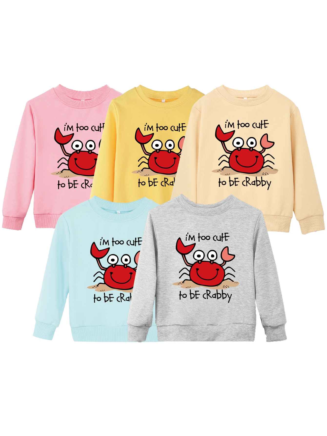 Child Crab Pattern Crewneck Long Sleeves I'm Too Cute To Be Crabby Hoodies Sweatshirts Tops Trendy Boy Girl Pullover Warm