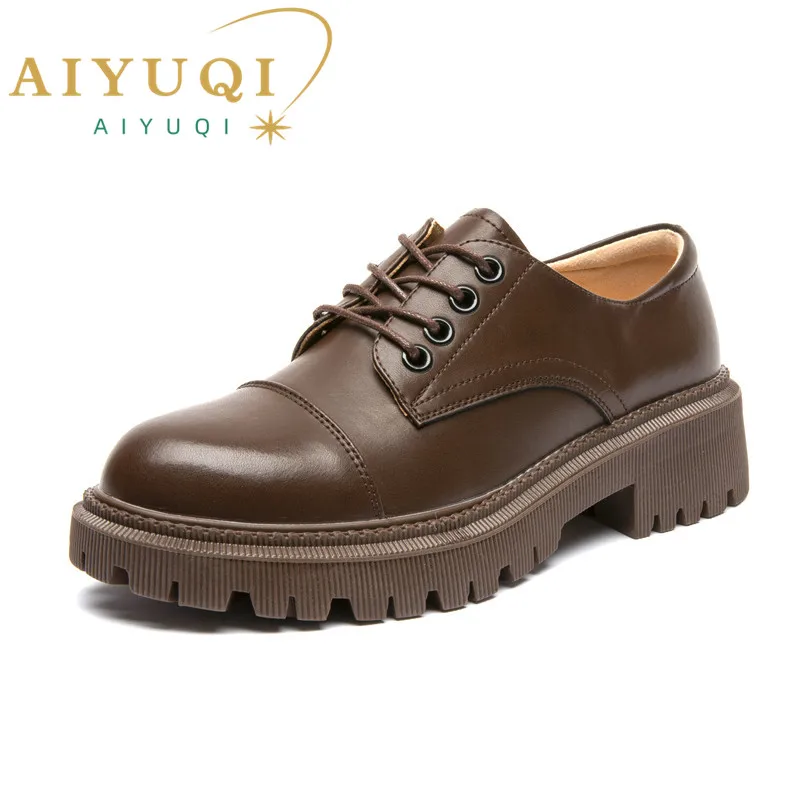 AIYUQI Women Loafers Shoes Genuine Leather Thick Heels Student Shoes Female Lace Up British Style Lady Oxford Shoes Footwear