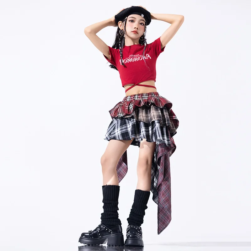 Hip Hop หญิง Crop Top ลายสก๊อต Street Dance กระโปรงเด็กริบบิ้นจีบกระโปรงวัยรุ่น Jazz Cool เครื่องแต่งกาย Streetwear เสื้อผ้าชุด