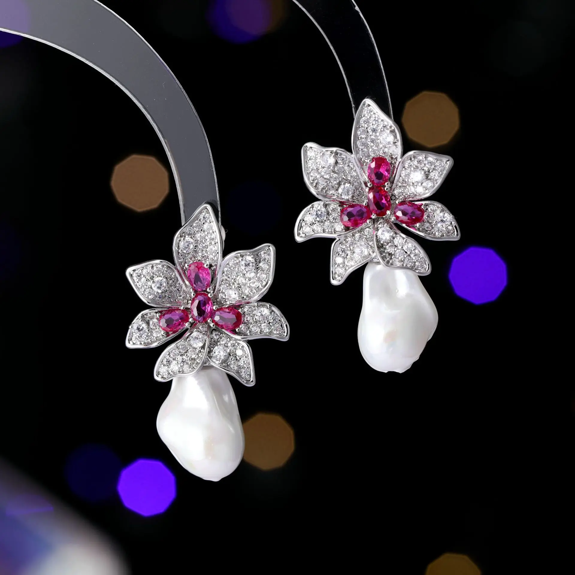 Elegant Pink Orchid Flower & Baroque Pearl Drop Earrings