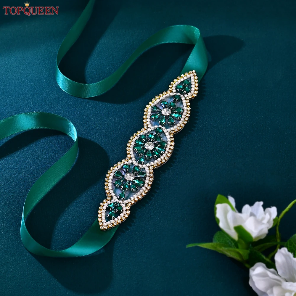 

TOPQUEEN Emerald Green Rhinestone Sash Fashion Wedding Belt Banquet and Holiday Decorative Belt Communion Dress Accessory S251