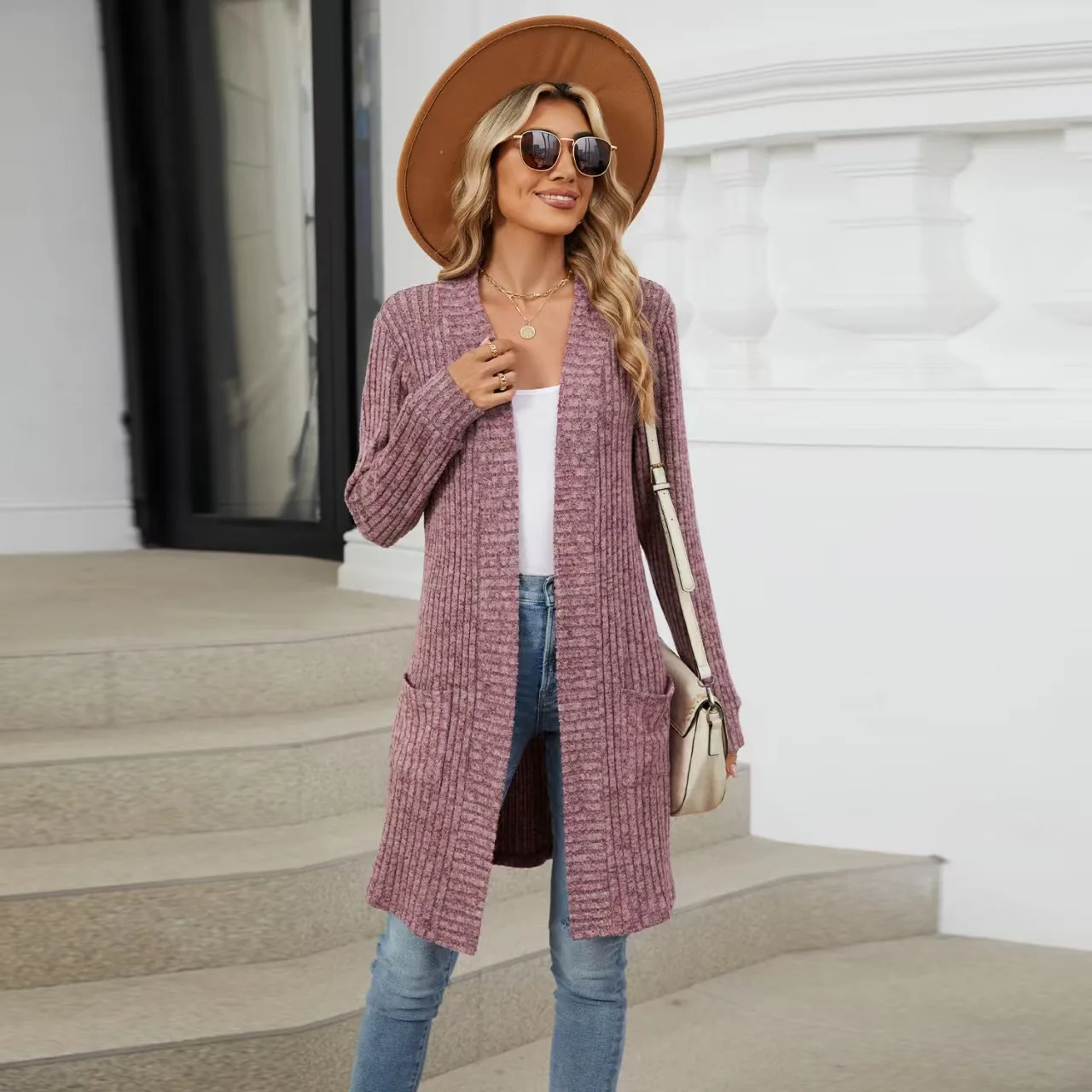 

Women's Solid Color Long Sleeve Cardigan Casual Splicing Design Autumn 2025 Cross-Border Style for European And American Markets