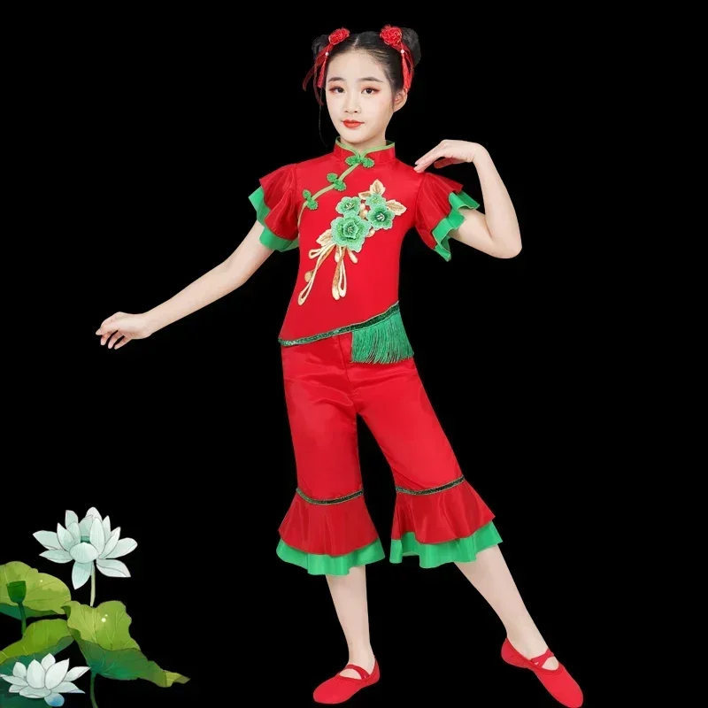 女の子用ヤンコ新年舞踊パフォーマンス-中国伝統舞踊-古典民族扇子舞-衣装-ヤンコ衣装