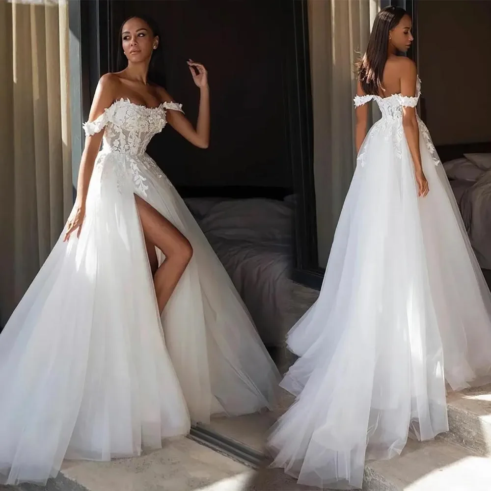 

Wedding Dresses White Bridal Gowns A Line Zipper New Custom Plus Size Lace Up Ivory Sweetheart Off-Shoulder Applique Tulle