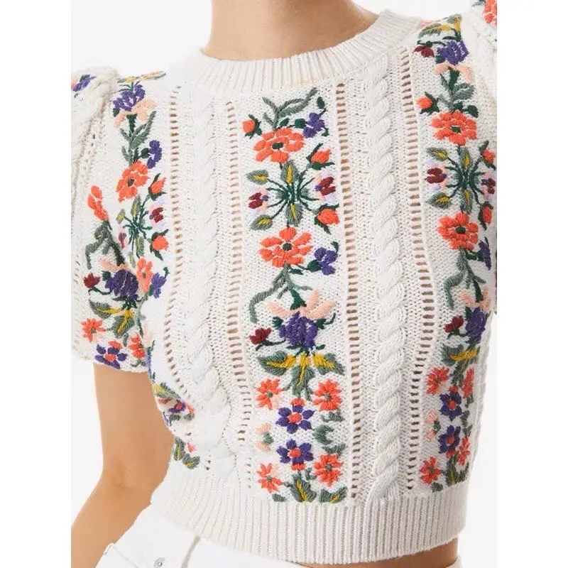 Spring Summer 2023 Street Wear Women O-Neck Embroidered Flowers Puff Sleeve Casual Clothes Knitted Sweater Top