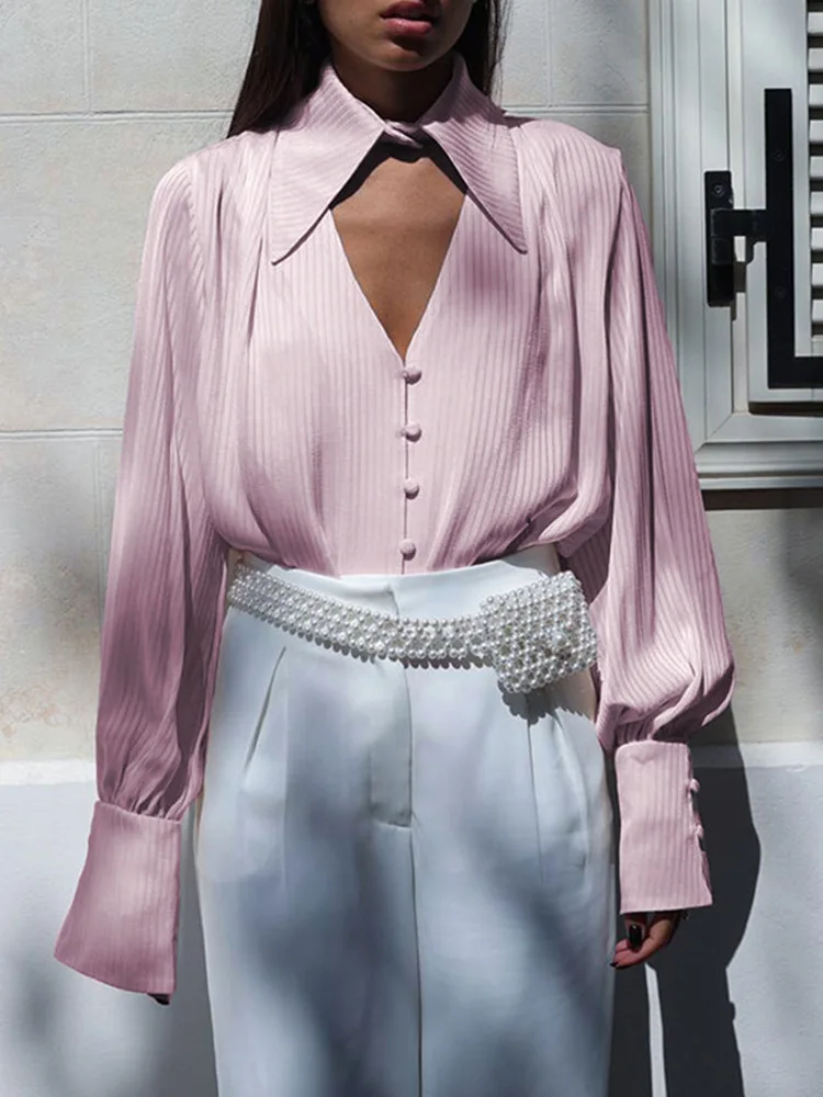 

Street Sle Loose Fit Long Sve Button up Pure Color Versatile irt Lantern Sve Regular Length Summer 2025 Women's Fas...