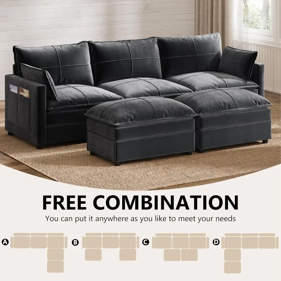 U-Shaped modular sectional sofa for living room, polyester fabric, grey, 5-seat configuration with reversible chaise and remova