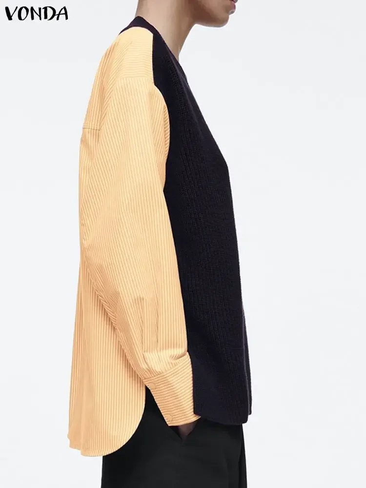 Stylish Tops VONDA Women Fashion Blouse 2025 Autumn Long Sleeve Knitted Color Patchwork Blusas V-Neck Casual Shirts Plus Size