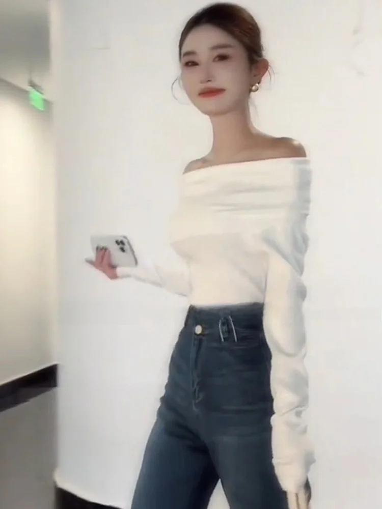 White One-oulder Long-Sve Knitwear Women's Sle Early Autumn Korean System oulder Exposure Sweater Commute Slim Fit