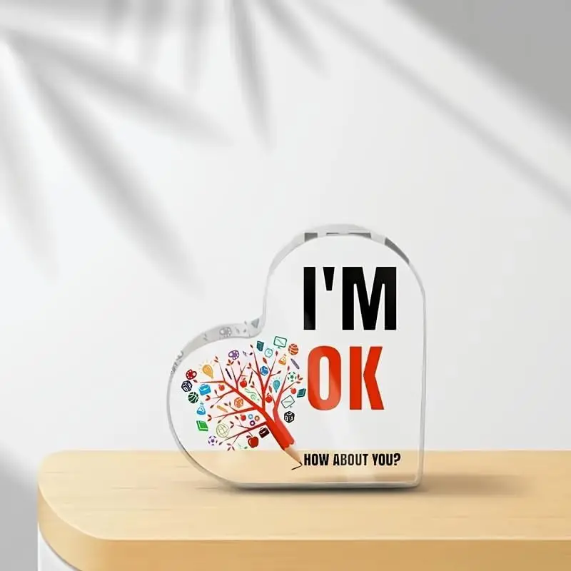 Heart‑Shape Acrylic Sign, Inspirational Desktop Ornament, I'M OK HOW ABOUT YOU Pencil Tree Educational Icon Table Decor, Positive Mental Health Office Classroom Encouragement Gift, 2D Flat