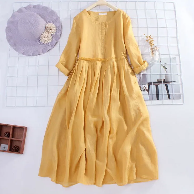 

Cotton and Linen Solid Color Round Neck Short-sleeved Dress Women's Summer New Korean-style Retro Artistic Elegant Loose D126