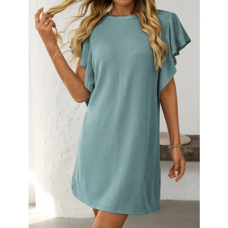 Women Color Contrast Twist Strip Short Dress Lotus Sleeve Skirts Lady Casual Beach Fashion Leisure Dresses Vacation Women Dress