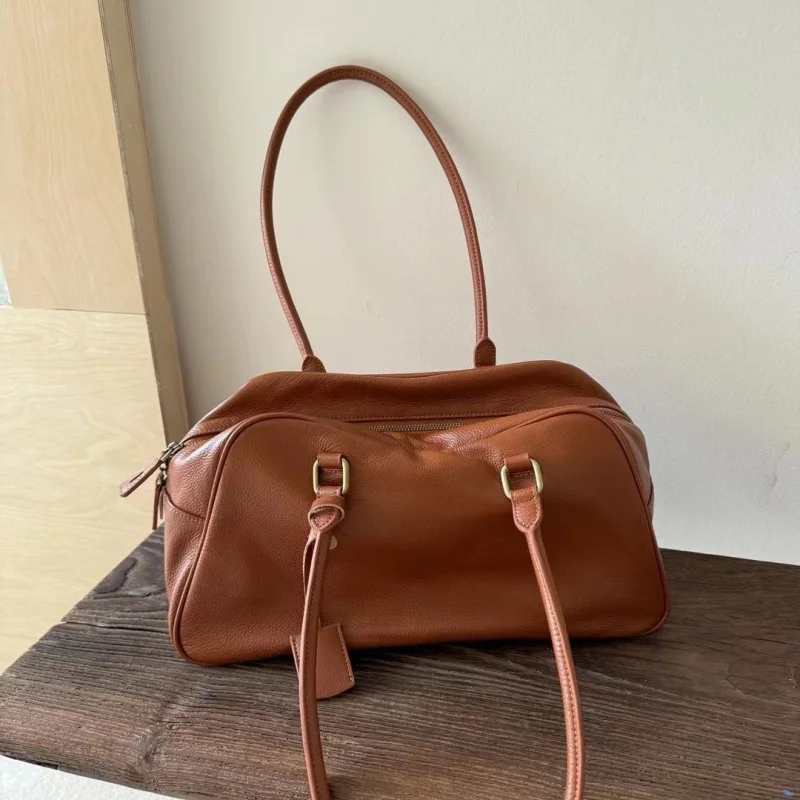 South Korea New Niche First Layer Cowhide Bag Retro Large Capacity Portable Baguette Bag All-Match Shoulder Bag Women