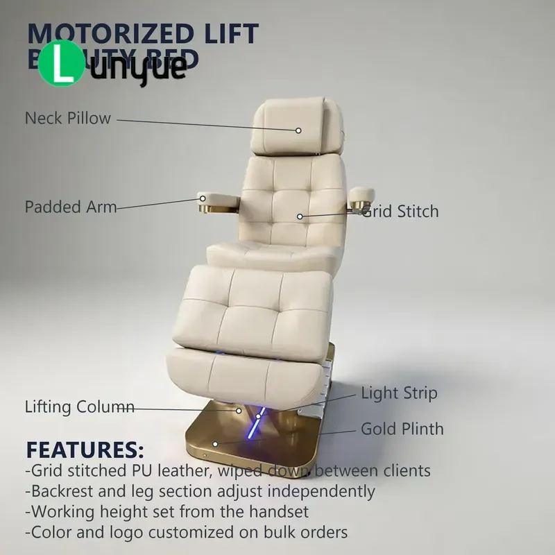 Electric Alabaster Beauty Bed with Lifting Post Mesh Stitching Upholstered Armrest Neck Pillow Light Bar for Spa