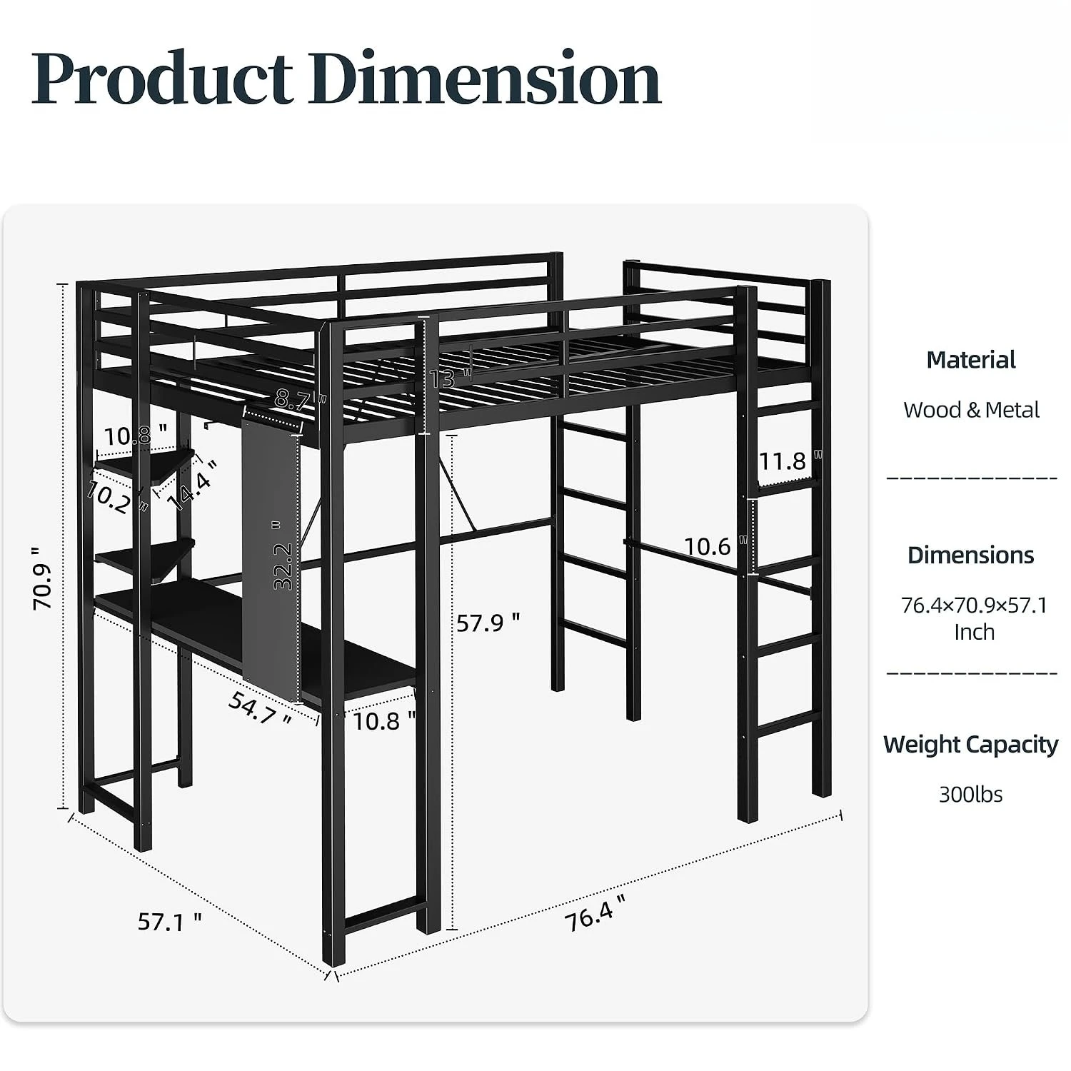 Loft Bed with Desk, Metal Loft Bed Full Size with 2 Built-in Ladders, Space-Saving Bed Frame, with Safety Guard,, Customized