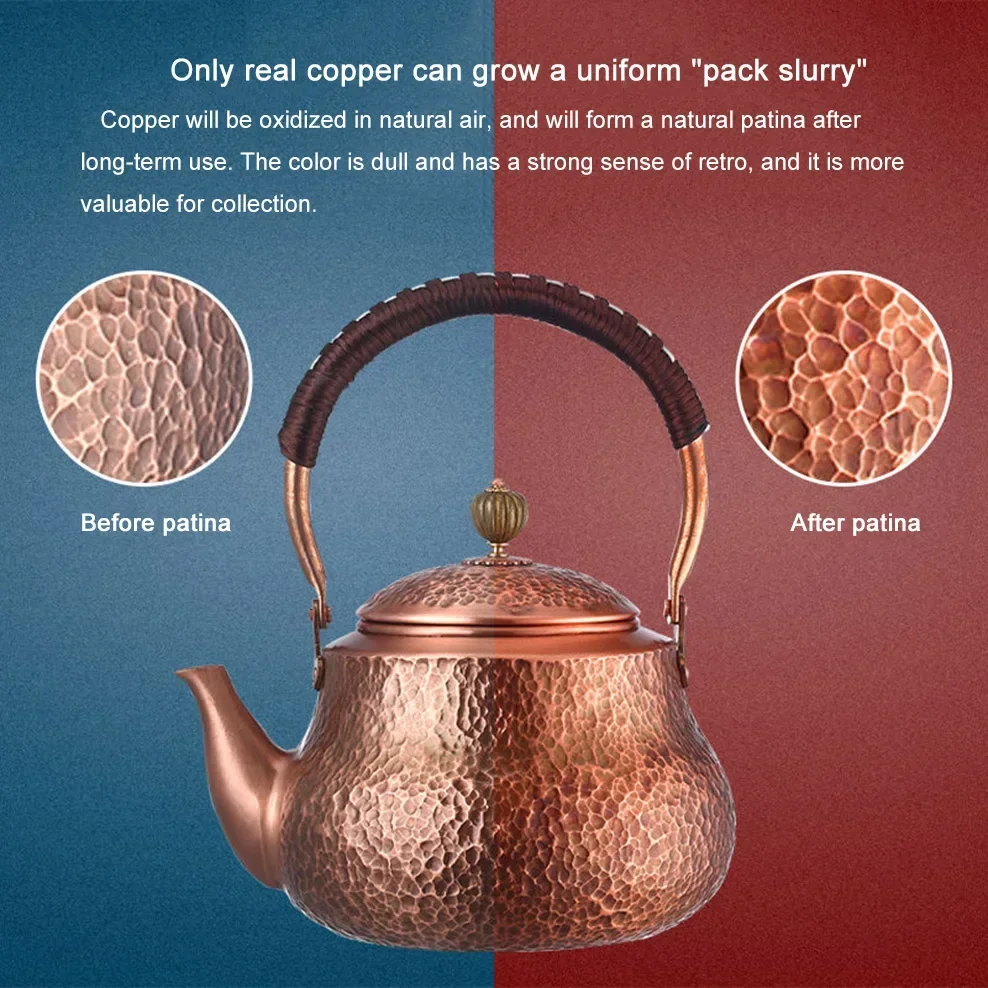 1.2L/1.5L Red Copper Kettle Large Capacity Pure Copper Boiling Water Kettle Manual Hammer Pattern Making Tea Pot