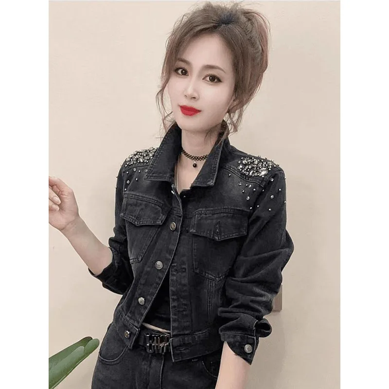 Ladies New Spring Autumn Beaded Rhinestone Denim Jacket Feels Short Stylish Loose Versatile Women's Single-Breasted Denim Jacket