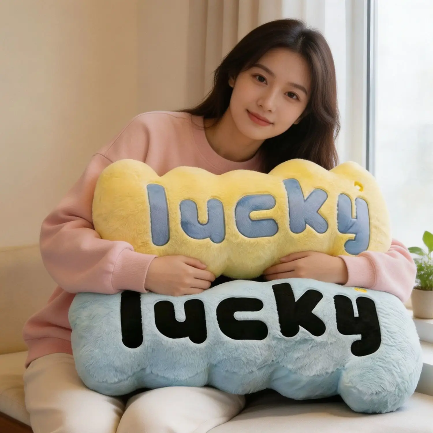 Super Soft Lucky Letter Dopamine Long Plush Throw Pillow Sleeping Nap Cushion for Sofa Bedroom Home Gift