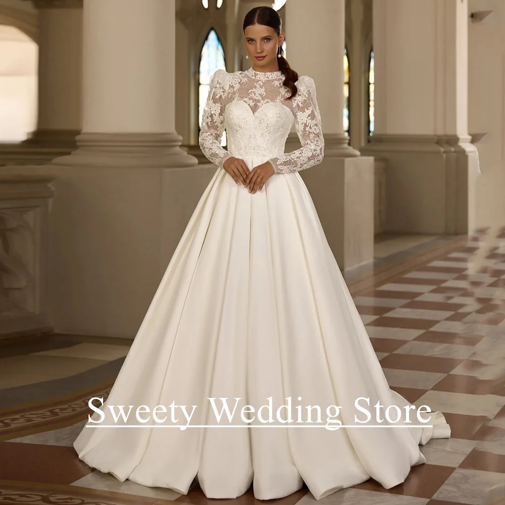 Ivory Wedding Dress for Lady Customized High Neck Long Sleeves Sequined Applique Draped A Line Satin Bridal Gown for Bride