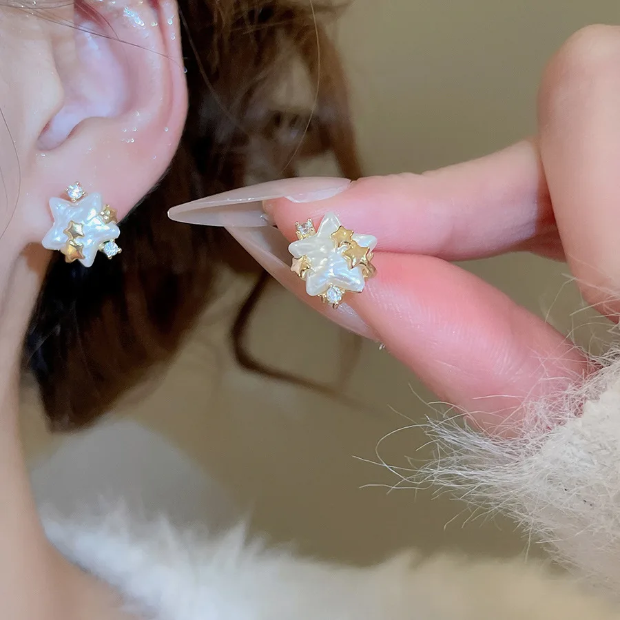 14k مطلية بالذهب تقليد اللؤلؤ ستار وأقراط صغيرة لطيف مطعمة الزركون قرط الاذن المرصع مجوهرات اكسسوارات النساء جديد في 2026 #1