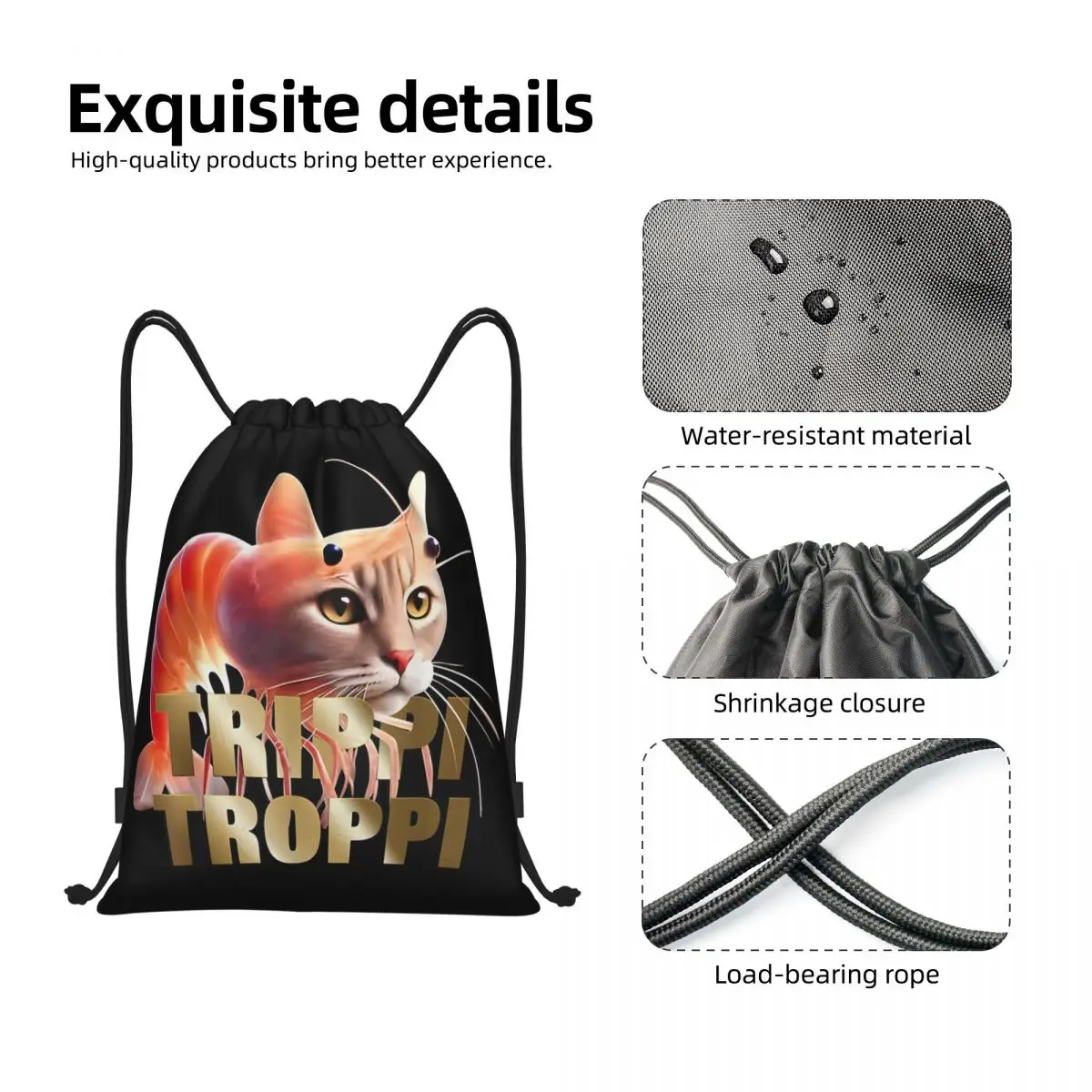 Trippi Troppi Cat Italian Brainrot Meme Drawstring Backpack Sports Gym Bag String Sackpack for Hiking