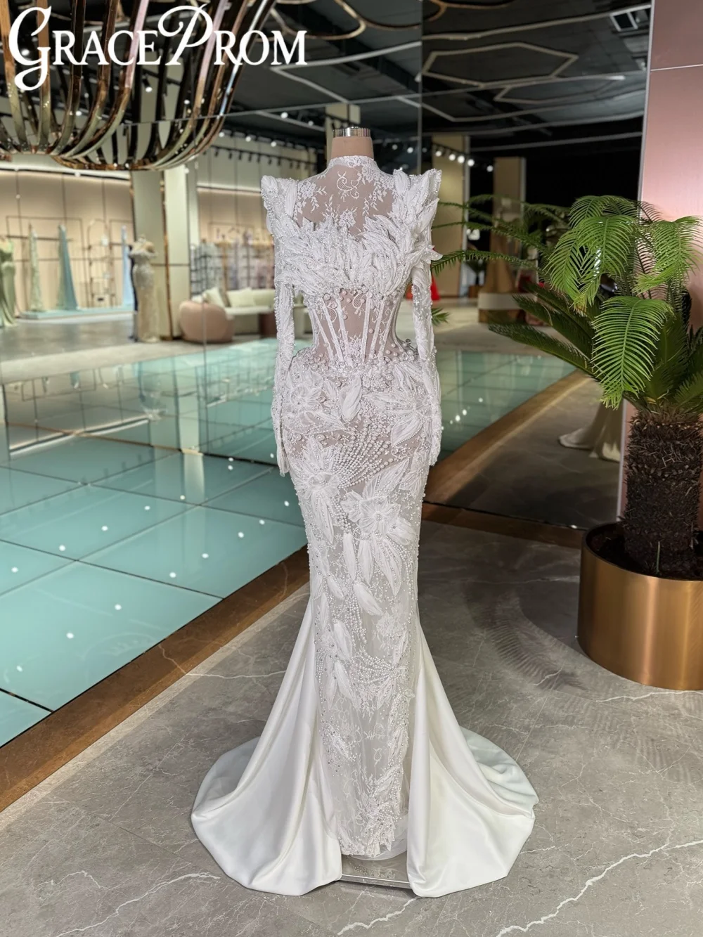 Attractive Pearls 3D Floral Wedding Dress Gorgeous Lace Mermaid Long Bridal Gown Customized High Collar Dresses For Bride
